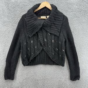 DKNY Womens L Chunky Knit 1 Button Cardigan‎ Sweater Black Long Sleeve Sequins